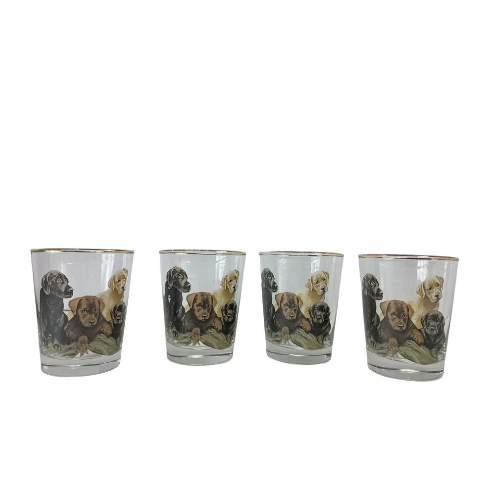 B. Brian Atwater Set Of 4-16oz. Gold Rimmmed Highball Whiskey Glasses Puppies